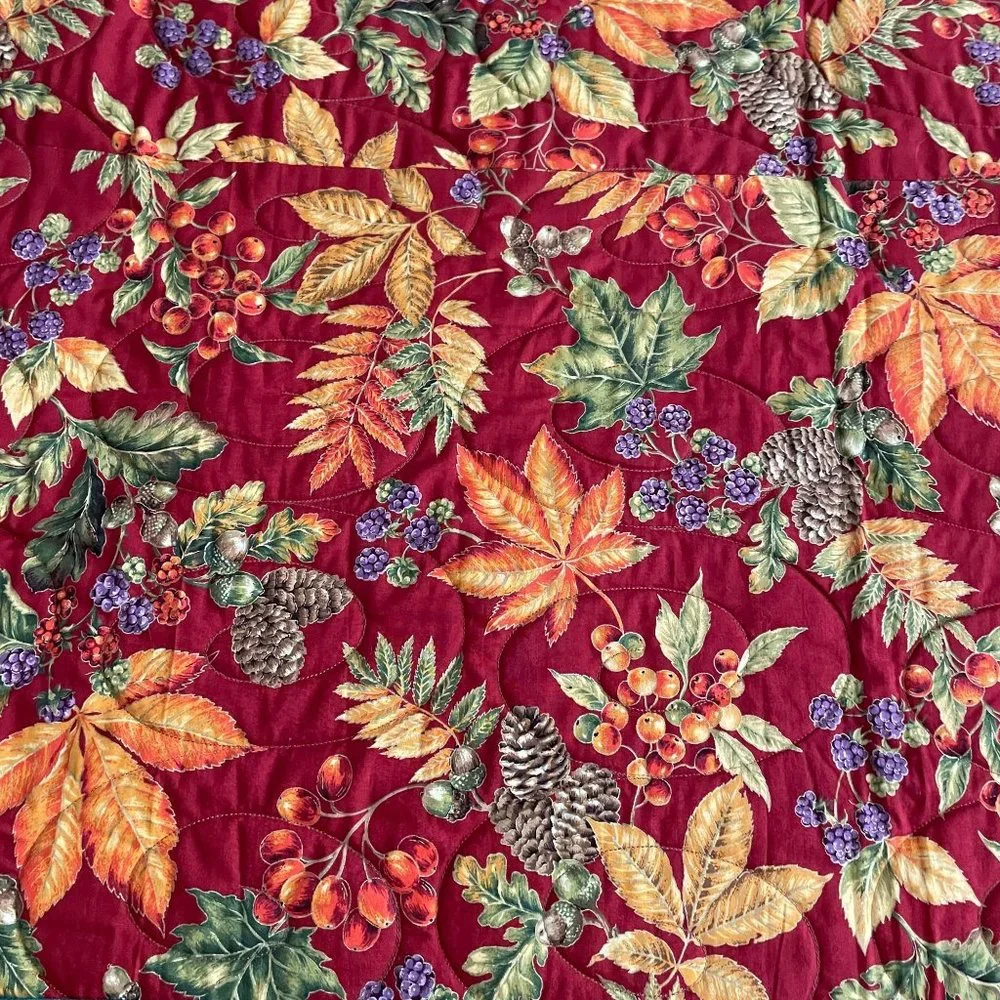 Handmade Harvest Lap Quilt Split Rail Greens & Browns Fall Leaf Berries 43 x 52